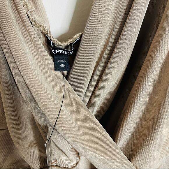 Express Shiny Halter Neck Wrap Front Bodysuit Thong Tan Gold Size M - Picture 5 of 6